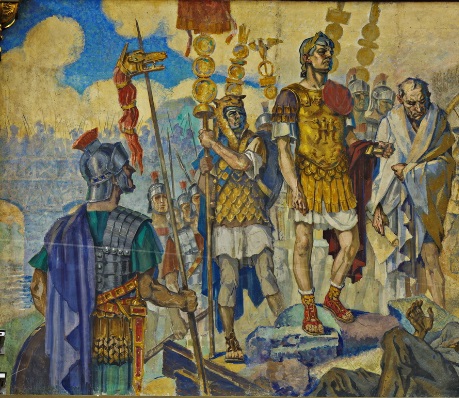1. The Roman Emperor Trajan entering Dacia, surrounded by his army and Dacians (the ancestors or Romanians).