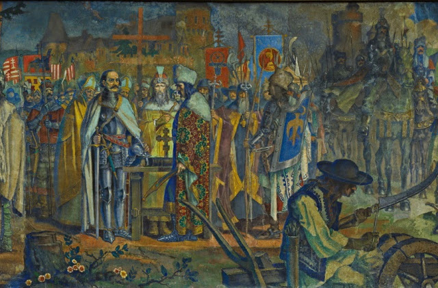 10. The Romanian Crusade against the Turks. Depicted are Iancu of Hunedoara, Vlad II "The Devil" (father of Vlad Ţepeș) and Stefan the Great.